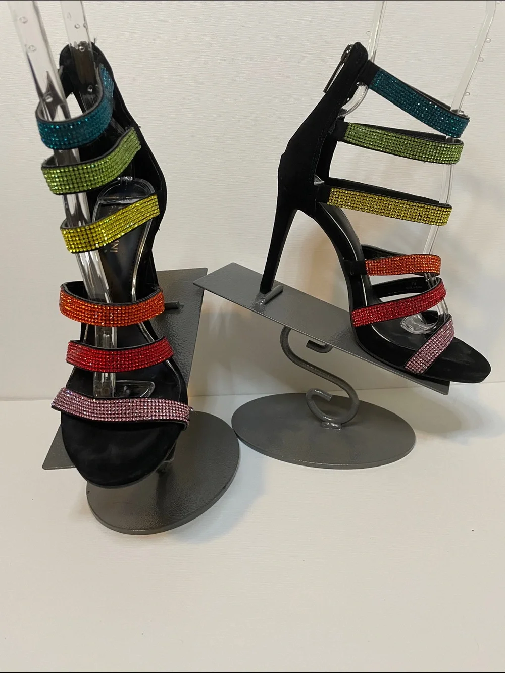 Gianni Bini Black Strappy High Heel Sandal with Multicolor Crystal Straps - Sz 7